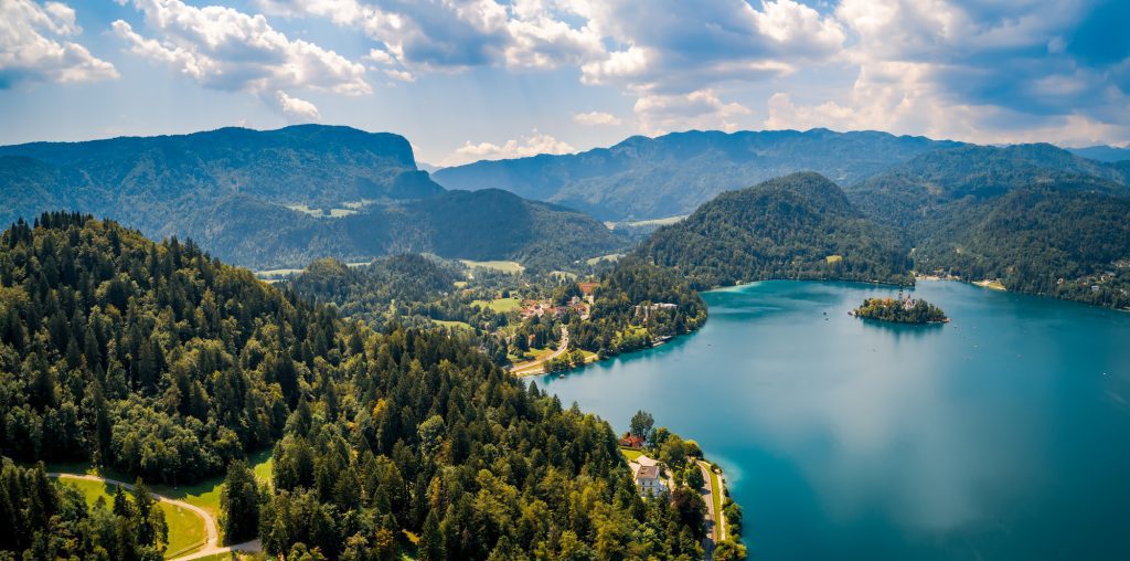 Lake Bled with the island church and castle, the destination 35 km from Ljubljana Airport