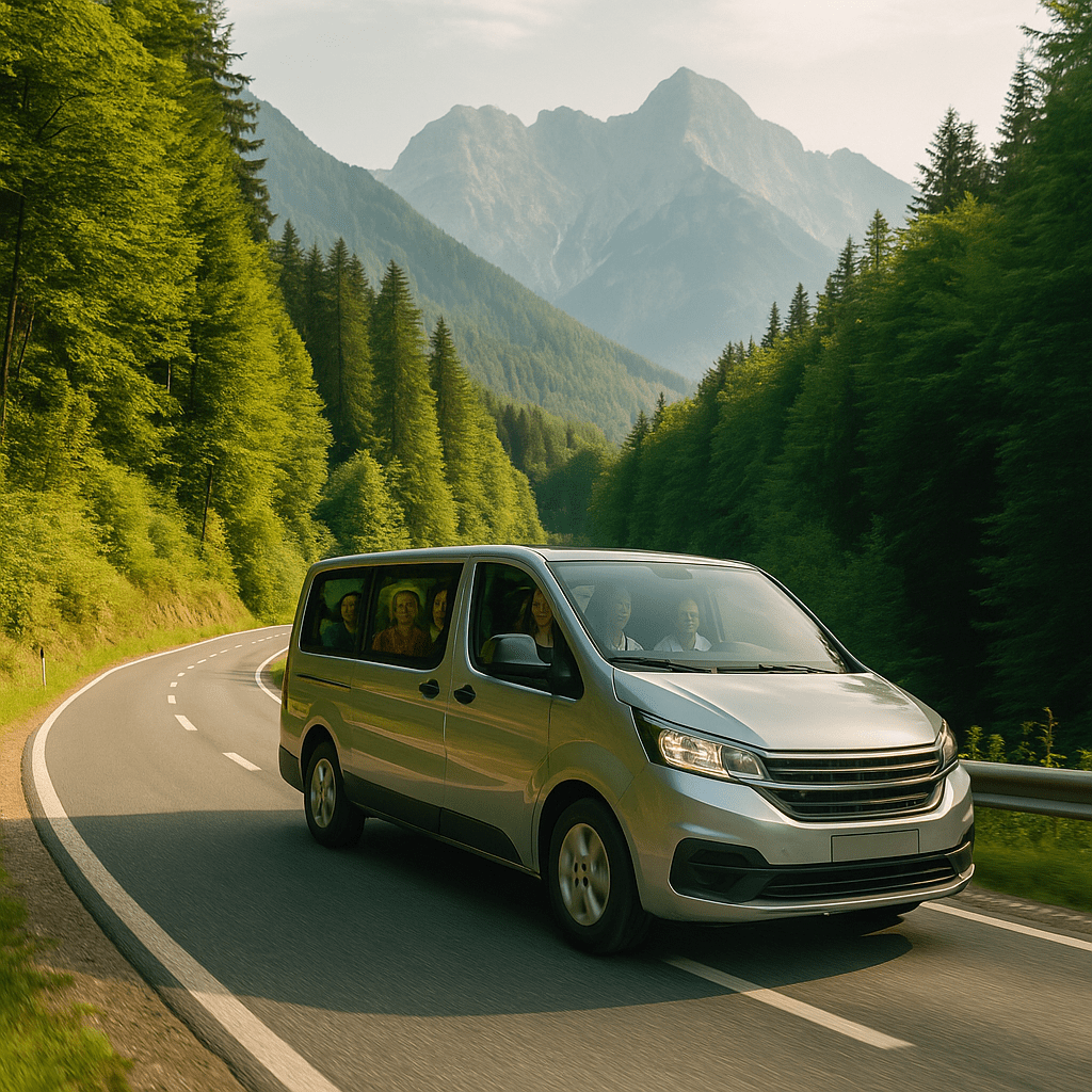 Day trip from Ljubljana to Lake Bled – happy travelers in a minivan enjoying the scenic mountain road in Slovenia.