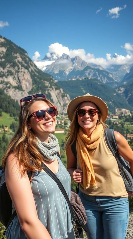 Two happy tourists on day trips from Lake Bled, enjoying scenic views and local adventures.
