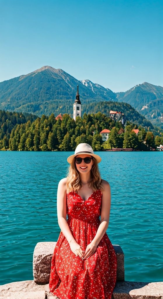 Smiling girl enjoying the view at Lake Bled during a day trip in Slovenia.