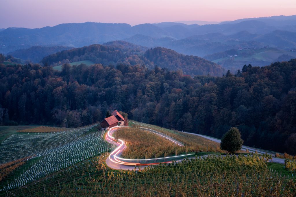 Famous heart-shaped road, outlined by traffic lights in Slovenia