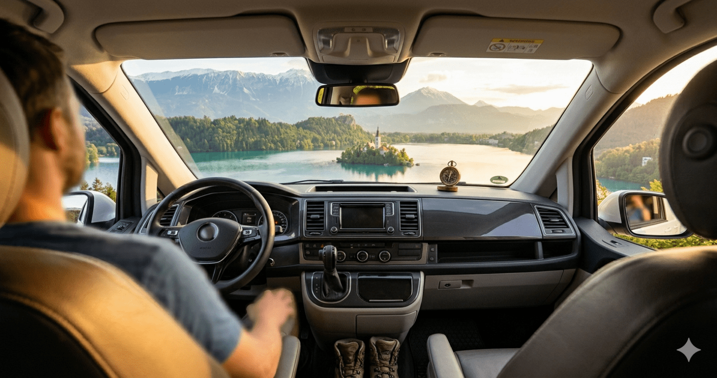 View of Lake Bled through minivan window — private transfer from Klagenfurt Airport